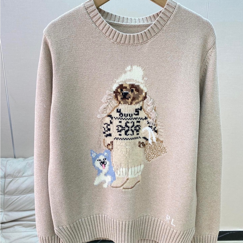 Polo by Ralph Lauren Beige Crewneck Sweater with Bear & Dog Intarsia
